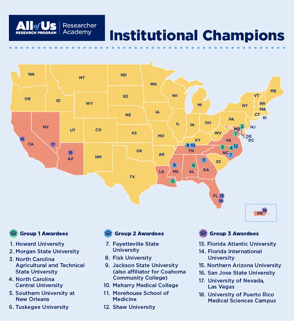 Map shows institutions affiliated with the All of Us Researcher Academy.
