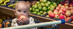 A baby eats fruit while riding in a shopping cart