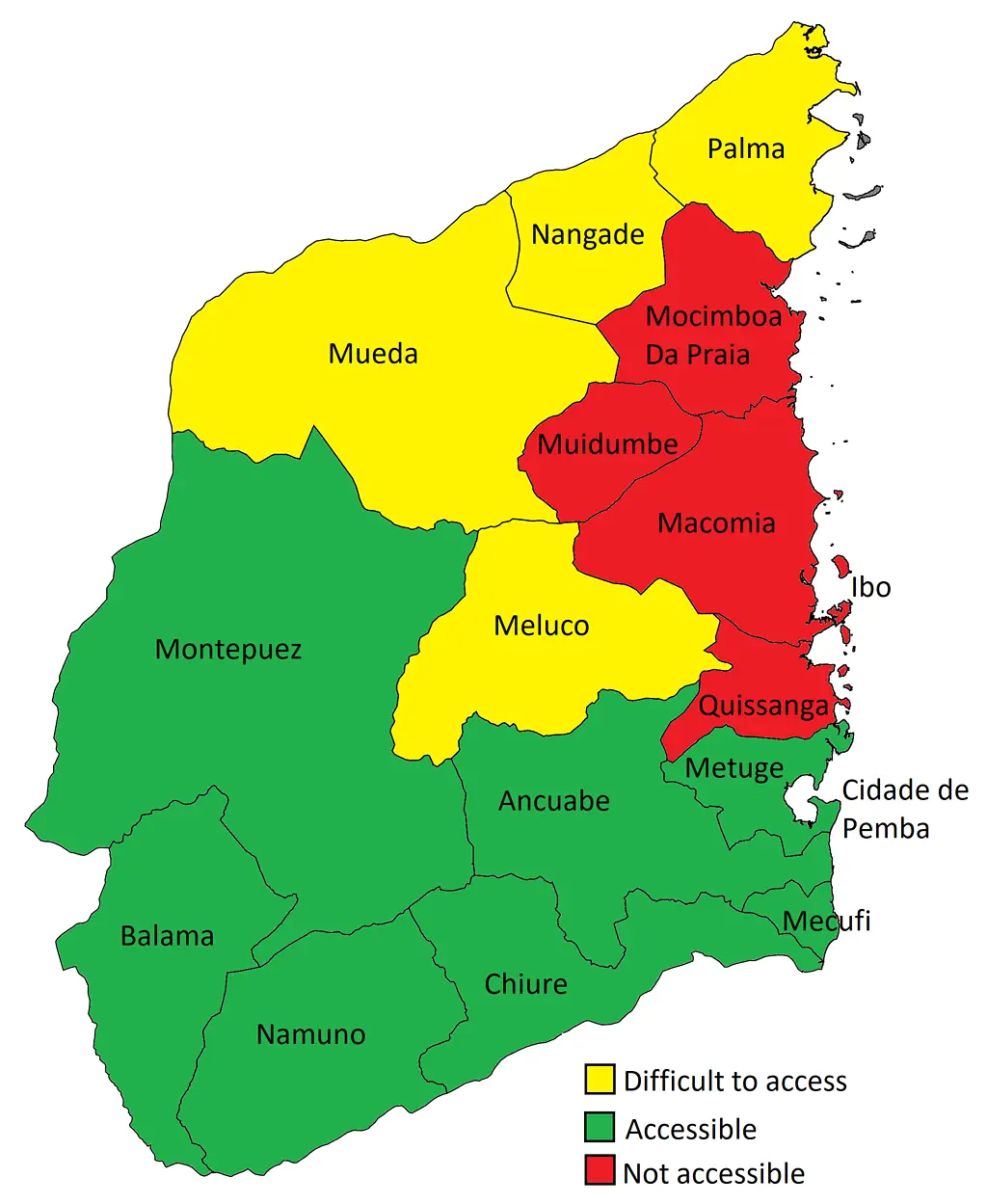 Map of Cabo Delgado, Mozambique showing levels of insecurity within the region