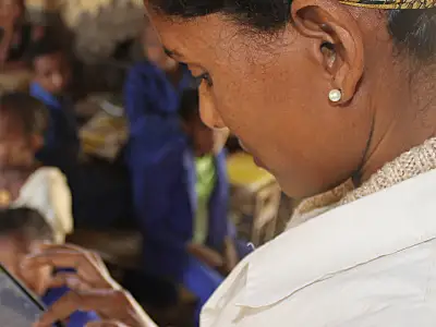 A teacher and students in Ethiopia