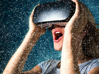 Illustration of a woman wearing virtual reality goggles and marveling at a scene of digital stars.