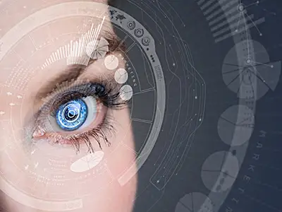 Eye with data and futuristic technology.