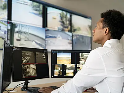 employee checking security footage on monitors