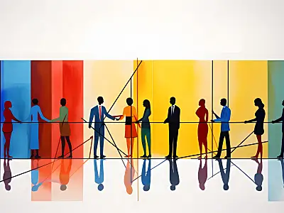 Graphic of women and men shaking hands in front of a colorful wall