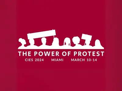 A red and white graphic with people holding signs. Graphic reads "The Power of Protest"