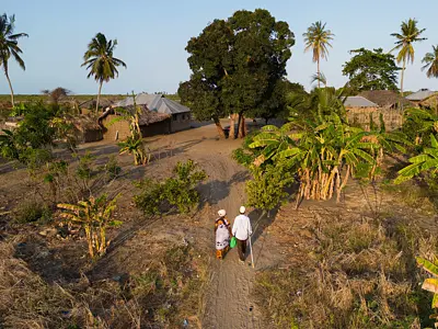 Photo of two people walking along an unpaved road in rural Tanzania