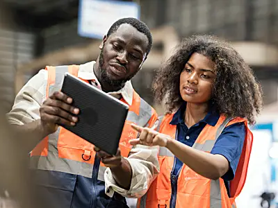 Two workers examine a tablet together in an industrial warehouse.