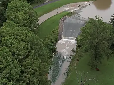 Dam overtopping aerial view