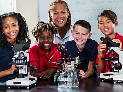 Female teacher with group of middle school students