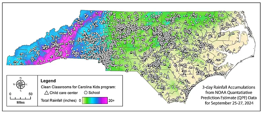 Map shows schools and child care facilities across North Carolina, along with rainfall totals from Hurricane Helene.