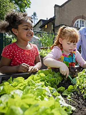 Photo of preschool students and a teacher working in a garden.