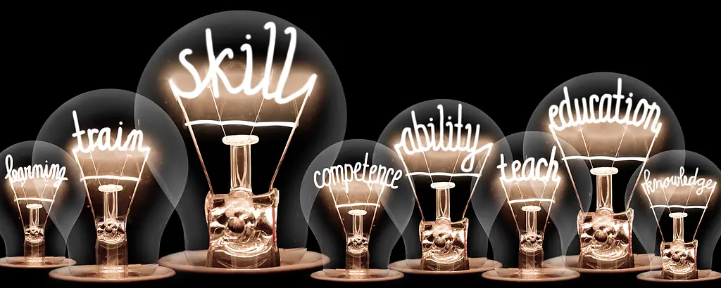 A photo illustration of lightbulbs displaying terms related to learning.