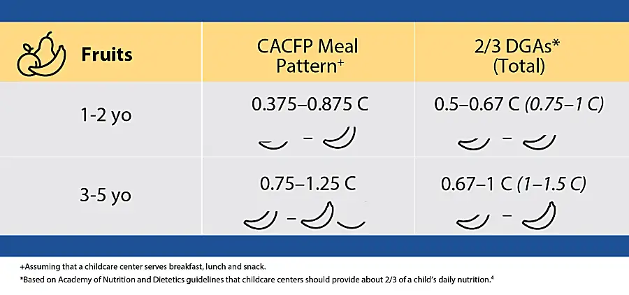 Chart shows dietary recommendations for fruits in child care centers