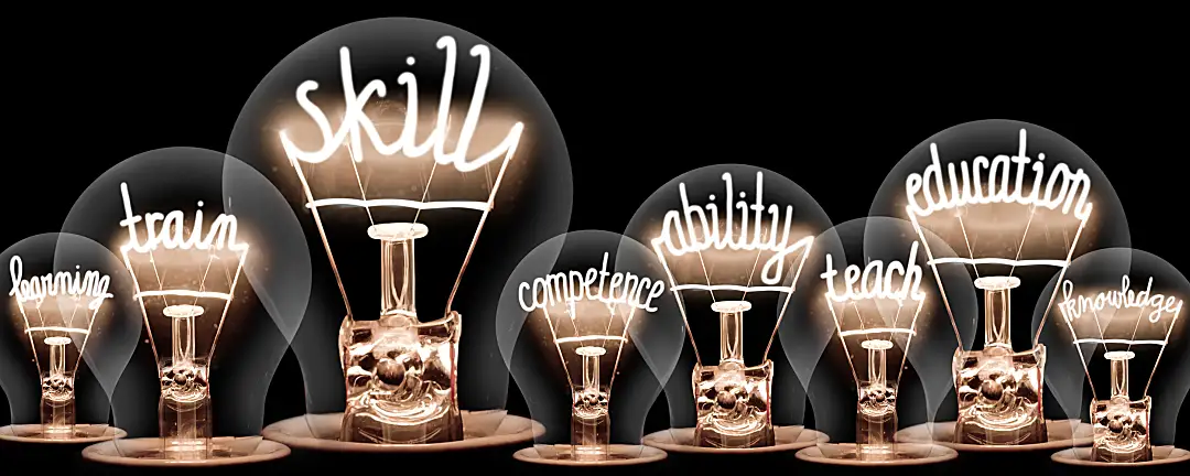 A photo illustration of lightbulbs displaying terms related to learning.