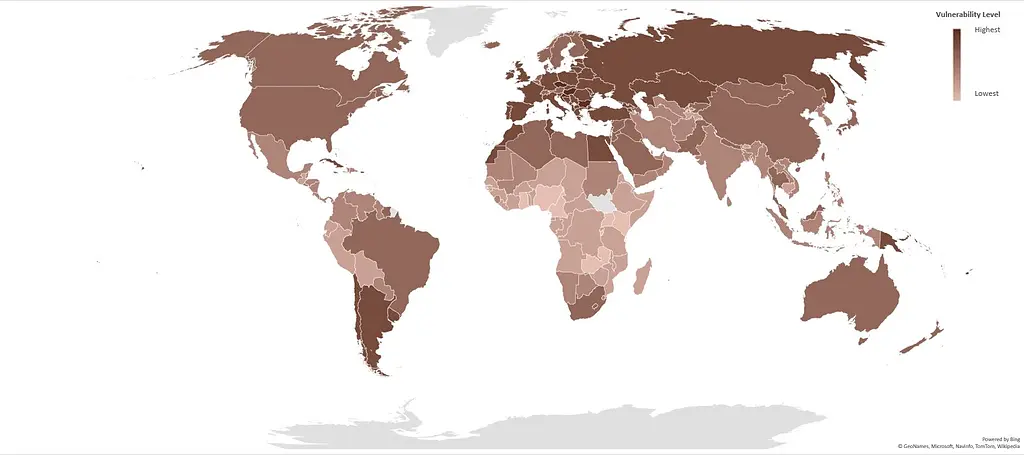 Map shows the vulnerability of countries around the world to COVID-19 based on the overall prevalence of noncommunicable diseases.