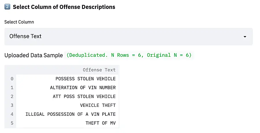 Screen shot of offense descriptions from RTI's ROTA tool for criminal justice research.