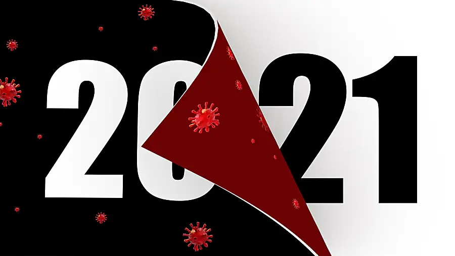 Illustration of a calendar page flipping from 2020 to 2021, leaving the coronavirus behind.