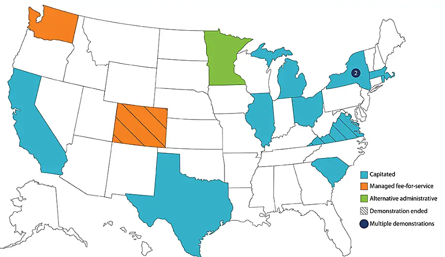 Map of the U.S. overview of state's participating in the Financial Alignment Initiative