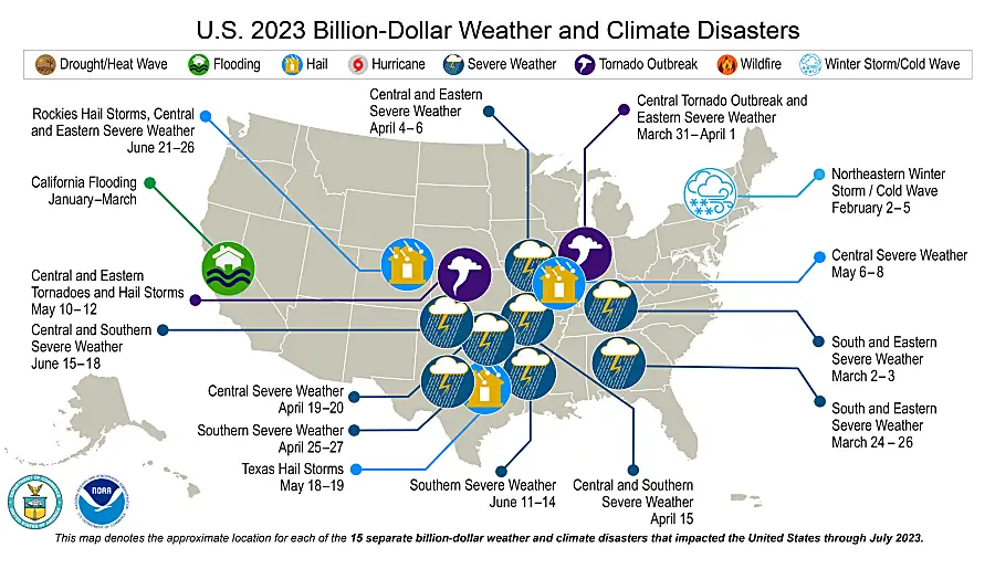 U.S. map showing the types and locations of billion-dollar weather disasters in 2021