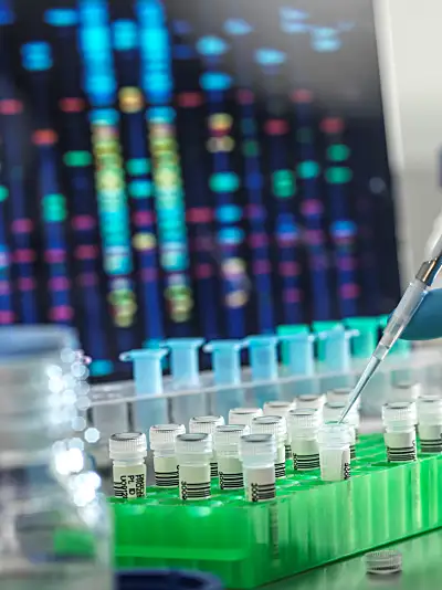 Close up photo of a scientist pipetting liquid into tubes in front of a colorful computer screen