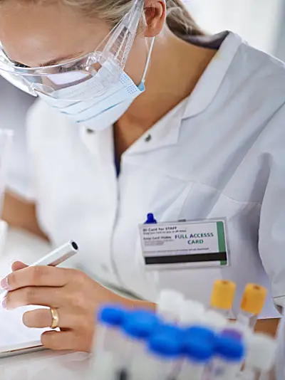 Photo of a woman scientist in a laboratory using a tablet to take notes