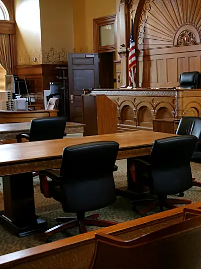 Photo of the interior of an empty courtroom