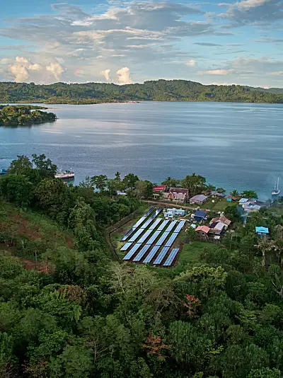 Picture of lake and solar panels 