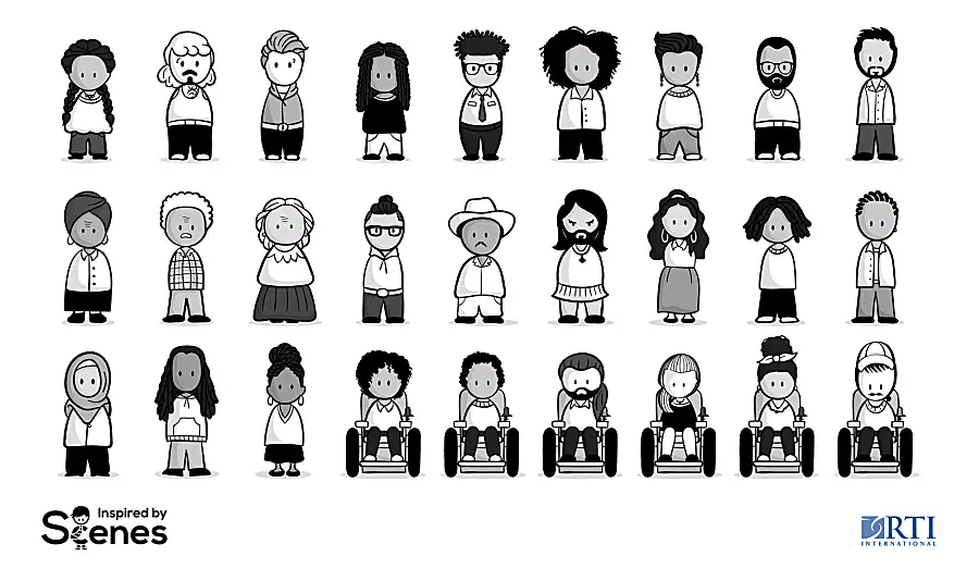 Snapshot of the 27 new characters included in RTI’s diversity and inclusion add-on for Scenes, representing diversity in race and ethnicity, age, ability, and body type.