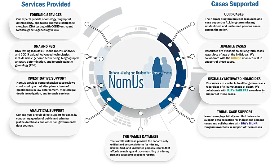 Graphic of the services provided by NamUs