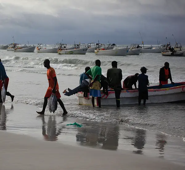 Women bring in a catch of fish in coastal Somalia.