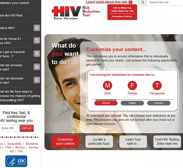 Screen capture of the HIV Risk Reduction Tool