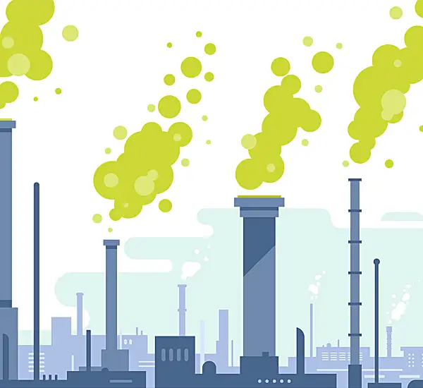 Illustration shows industrial pipes and smokestacks.