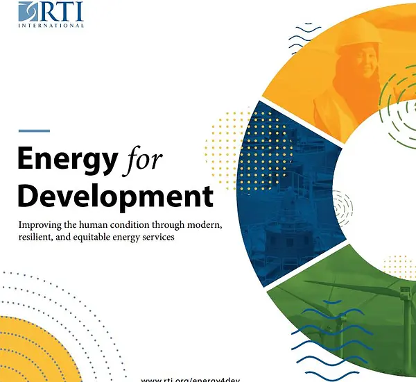 Cover of the Energy for Development brochure, containing multicolored shapes. The subtext reads: Improving the human condition through modern, resilient, and equitable energy services.