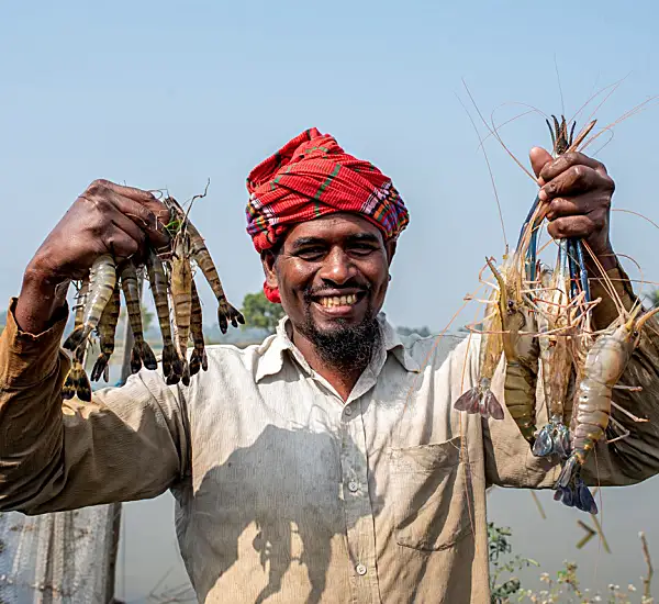 Photo of a farmer in Bangladesh displaying the harvest from his integrated prawn-fish-vegetable farming