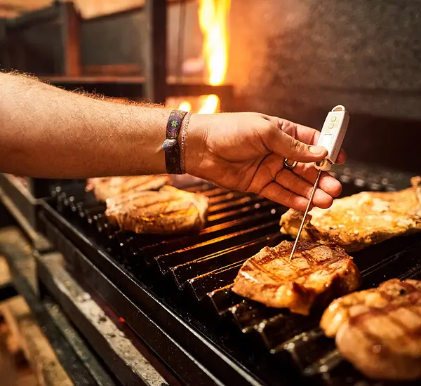 Placing meat thermometer in pork chop on the grill 