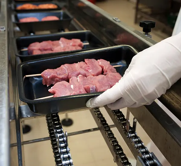 Packaging pork chops on skewers 