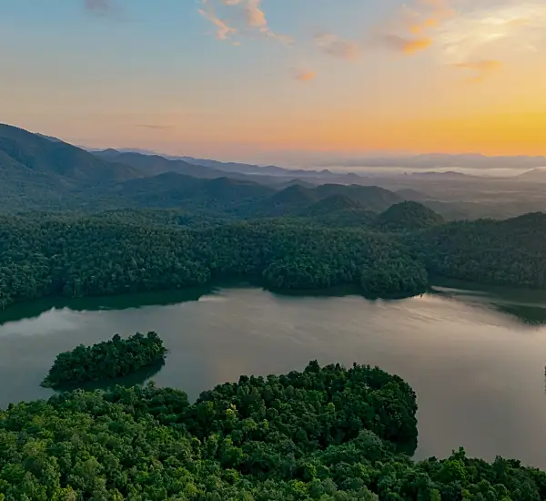 Aerial shot of a river and forested mountains