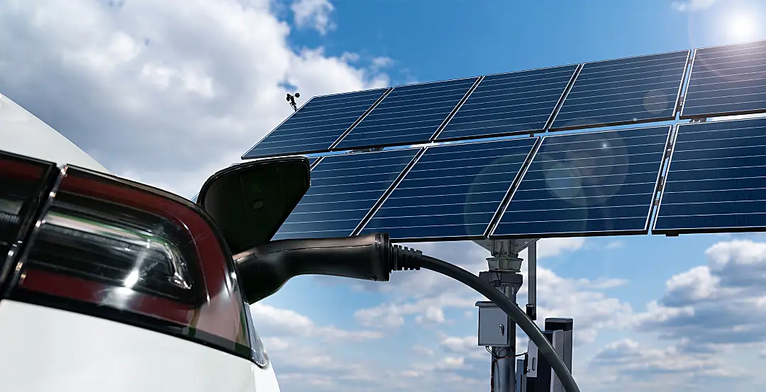 Electric car charing. Solar panels. 