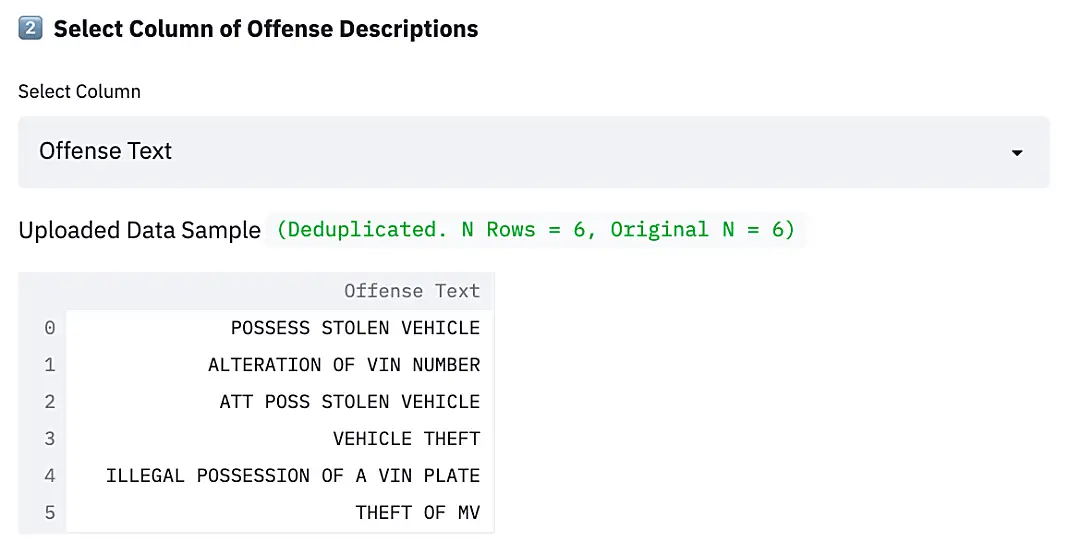 Screen shot of offense descriptions from RTI's ROTA tool for criminal justice research.