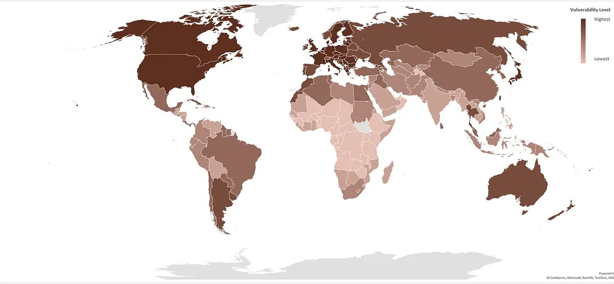Country vulnerability level for COVID-19 due to the burden of cardiovascular disease.