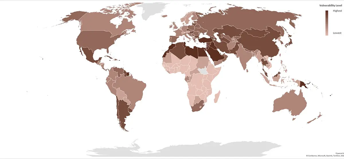 Country vulnerability level for COVID-19 due to the burden of diabetes.