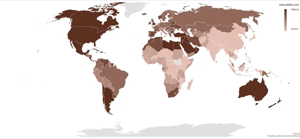 Country vulnerability level for COVID-19 due to the burden of obesity.