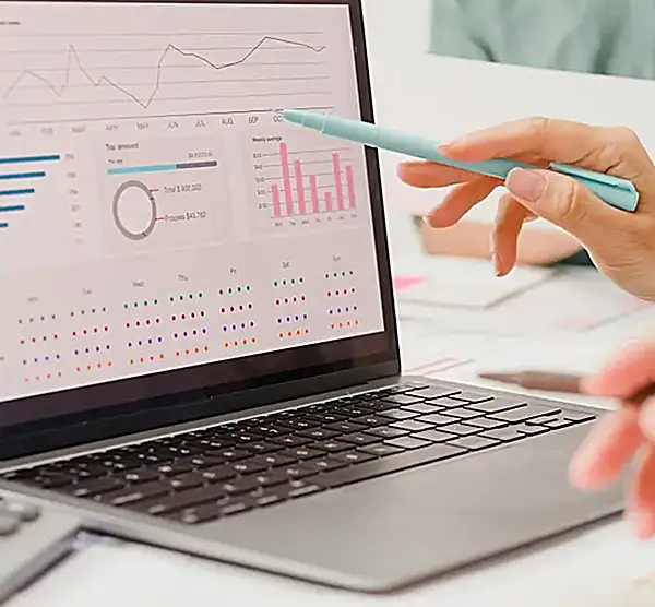 Closeup of someone using a stylus to point at a chart on a laptop screen.