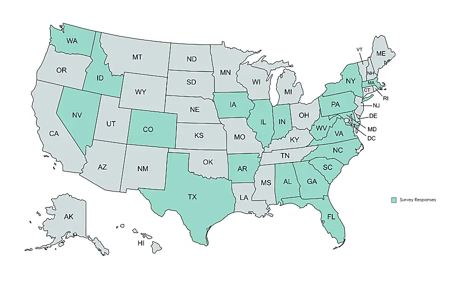 Map of U.S. with states represented that participated in the study