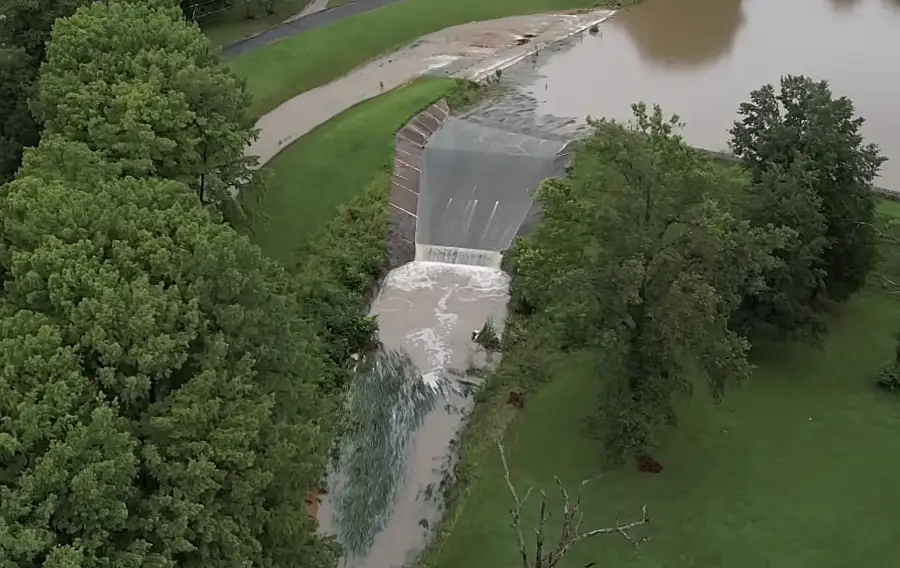 Dam overtopping aerial view