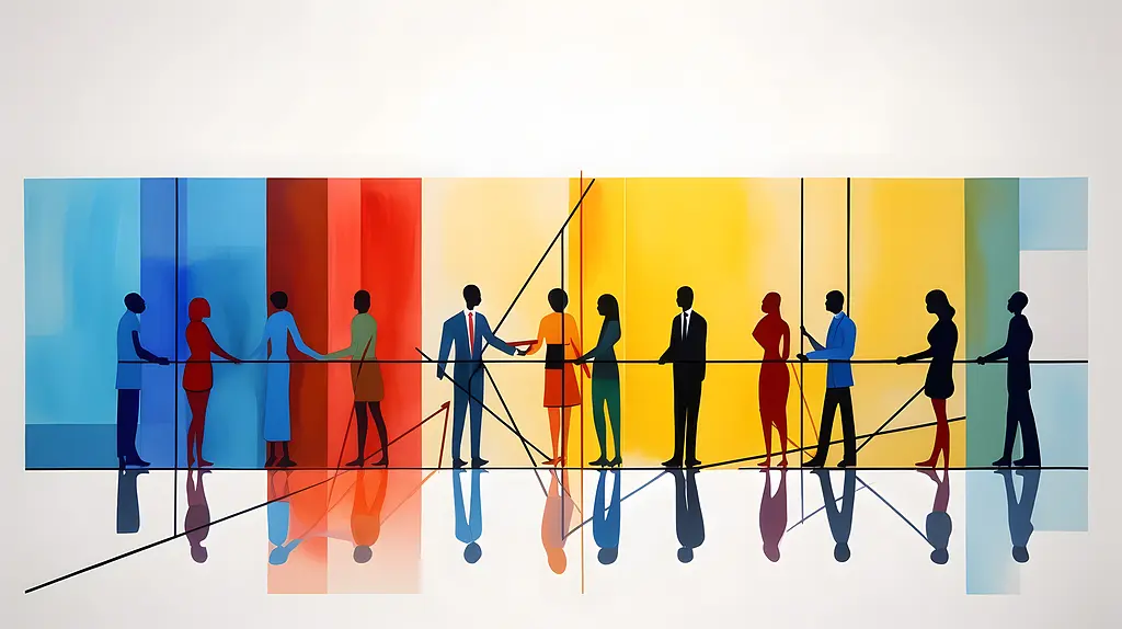 Graphic of women and men shaking hands in front of a colorful wall