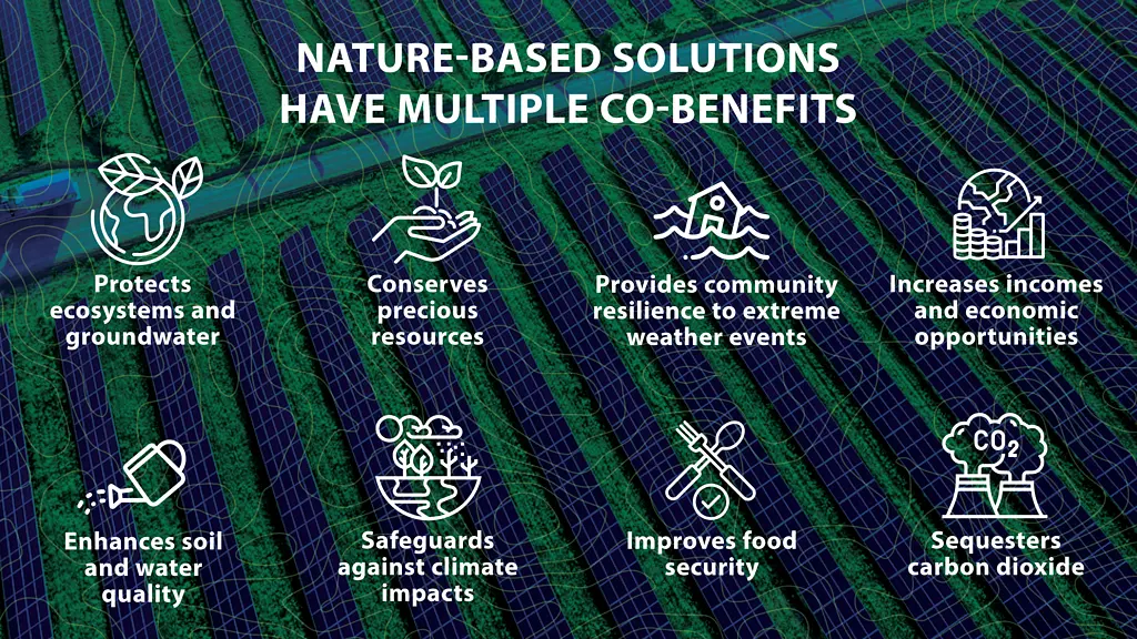 Graphic shows the advantages of nature-based solutions for the climate.