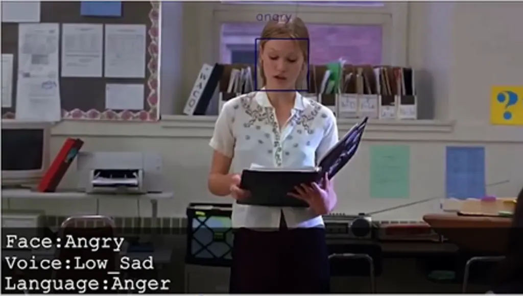 Woman reading binder and face sensor indicating angry face, low sad voice, and anger language