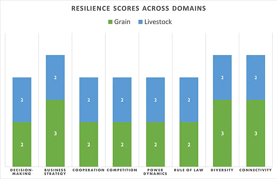 Chart shows resilience scores across the grain and livestock market domains of Somalia.