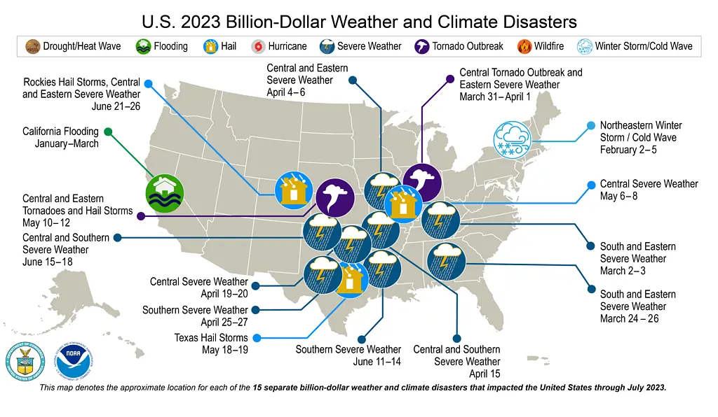 U.S. map showing the types and locations of billion-dollar weather disasters in 2021